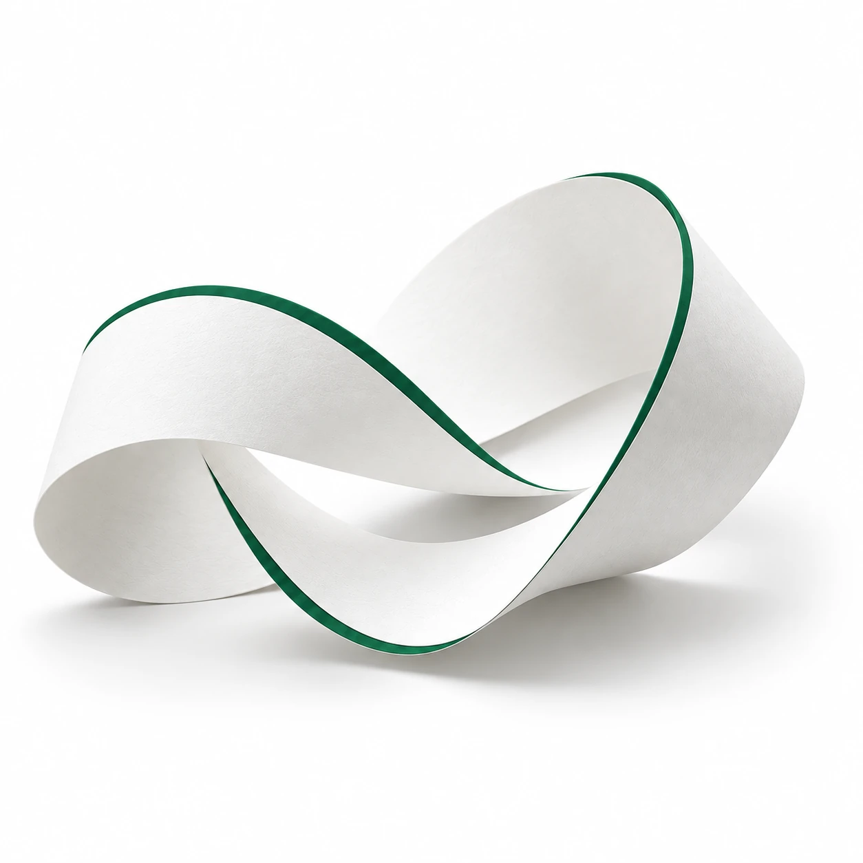 A flowing paper sculpture with a forest-green edge